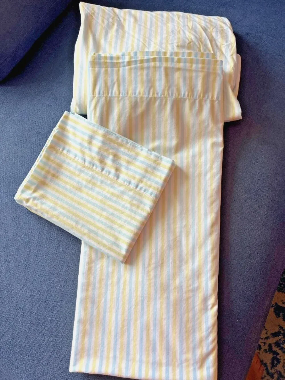 POTTERY BARN KIDS Twin Sheet Set 3 Pc Green Blue Stripe Organic Cotton Portugal